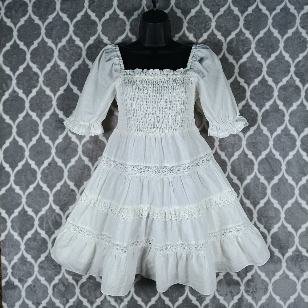 Endless Rose Mini Dress Size Small White Linen Smocked Tiered Cottage